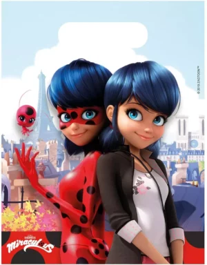 Sacs cadeaux en plastique Miraculous avec Ladybug et Marinette, fond Paris