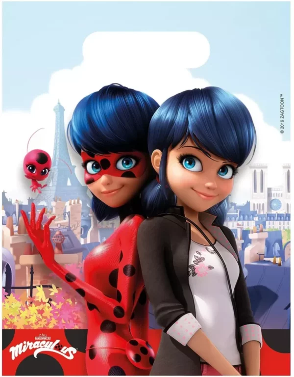 Sacs cadeaux en plastique Miraculous avec Ladybug et Marinette, fond Paris