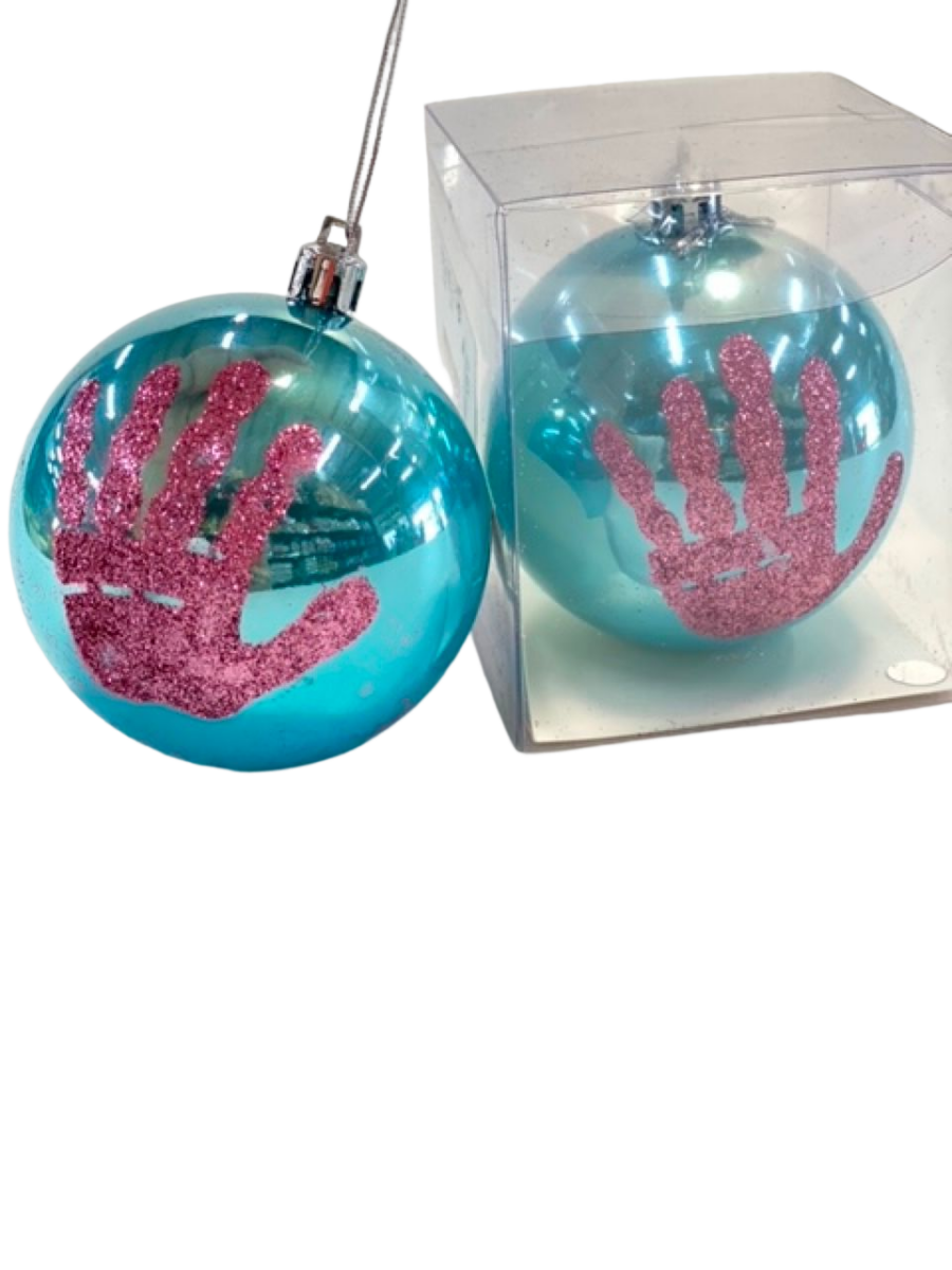 Boule de noël bleu empreinte rose – Cideal
