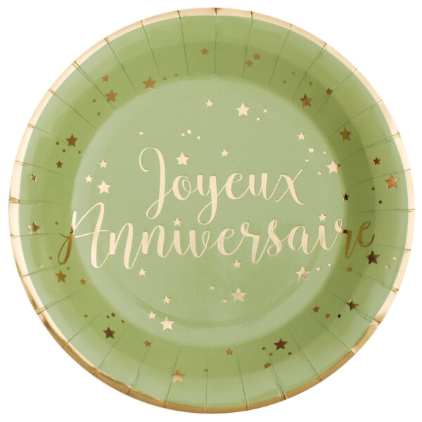 Lot de 10 Assiettes Joyeux anniversaires Olive Etoiles or