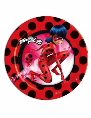 Assiette en papier Miraculous Ladybug rouge à pois noirs avec illustration centrale