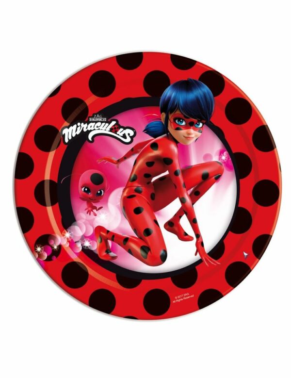 Assiette en papier Miraculous Ladybug rouge à pois noirs avec illustration centrale