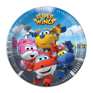 Assiette en carton Super Wings avec les personnages Jett, Donnie, Dizzy et Jerome