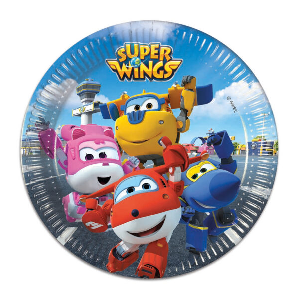 Assiette en carton Super Wings avec les personnages Jett, Donnie, Dizzy et Jerome