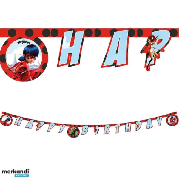 Guirlande "Happy Birthday" Miraculous avec Ladybug et Chat Noir, 2 mètres