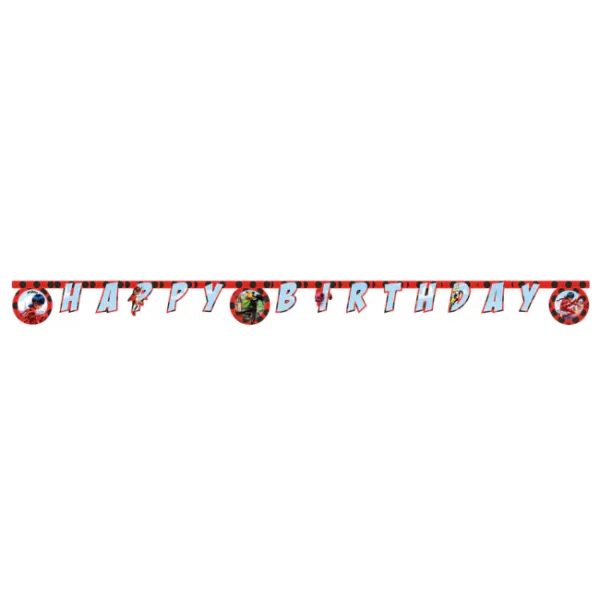 Guirlande "Happy Birthday" Miraculous avec Ladybug et Chat Noir, 2 mètres