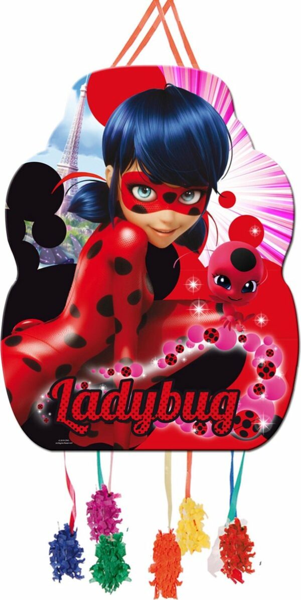 Grande piñata Ladybug Miraculous en carton avec ficelles colorées à tirer, 46 x 65 cm